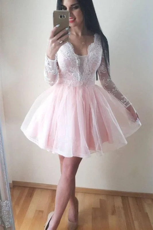 high neck formal evening gown-Pearl Pink A Line Long Sleeves V Neck Short Homecoming Dress with Lace Appliques