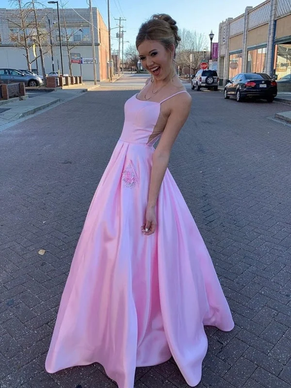 high slit evening dress-Pink A Line Satin Floral Long Prom with Pockets, Floral Pink Formal Graduation Evening