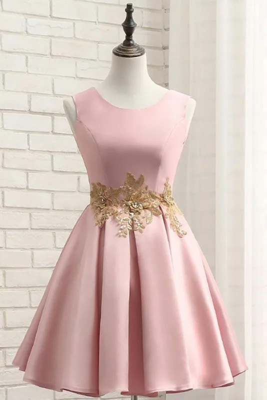 formal red evening dress-Pink A Line Sleeveless Ruched Homecoming with Gold Appliques Short Prom Dress