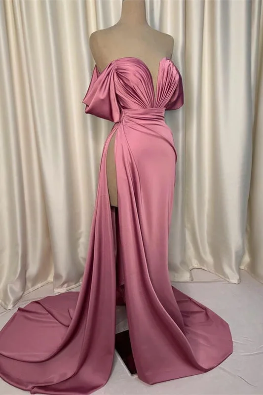 empire waist evening gown-Pink Charmeuse V-Neck Evening Gown with Elegant Pleated Slit