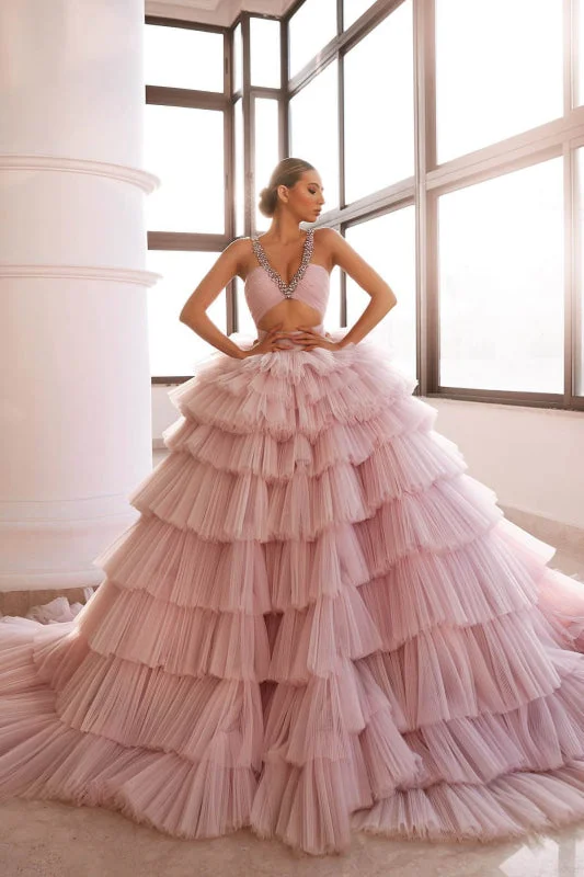 evening dress for black-tie events-Pink Deep V-Neck Sleeveless Prom Dress with Luxurious Crystal-Adorned Tulle Layers