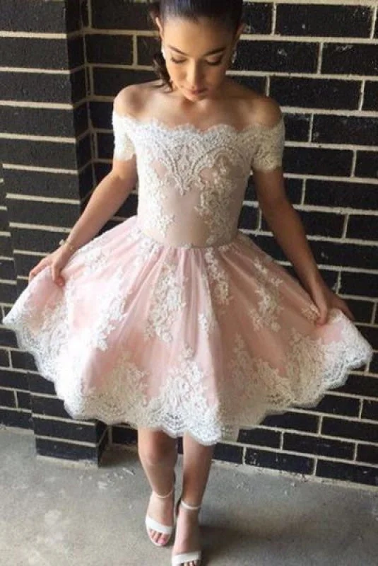 high-low evening gown-Pink Homecoming Dress Off-the-shoulder Prom Lace Tulle Short Graduation Dresses