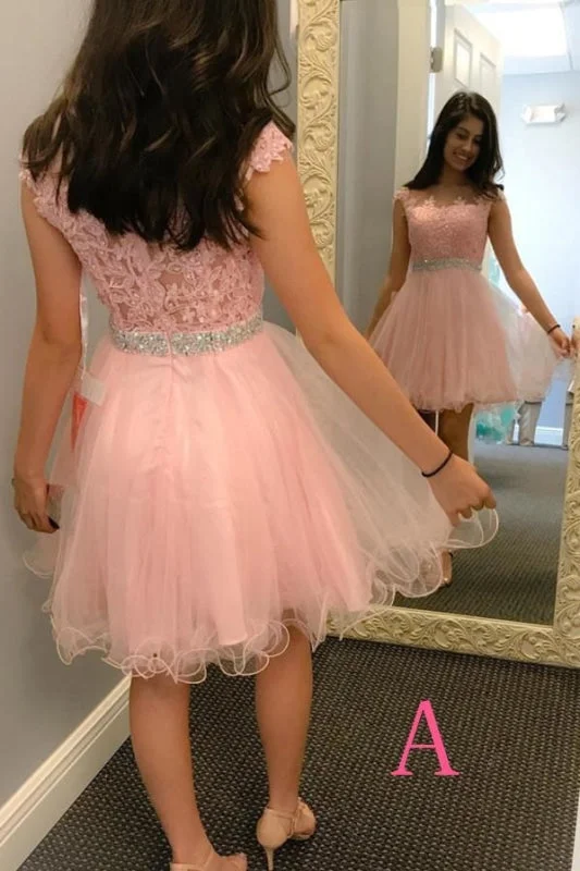 illusion back evening gown-Pink Homecoming Short Tulle Prom Dresses With Bead Waist Lace Appliques Graduation Dress