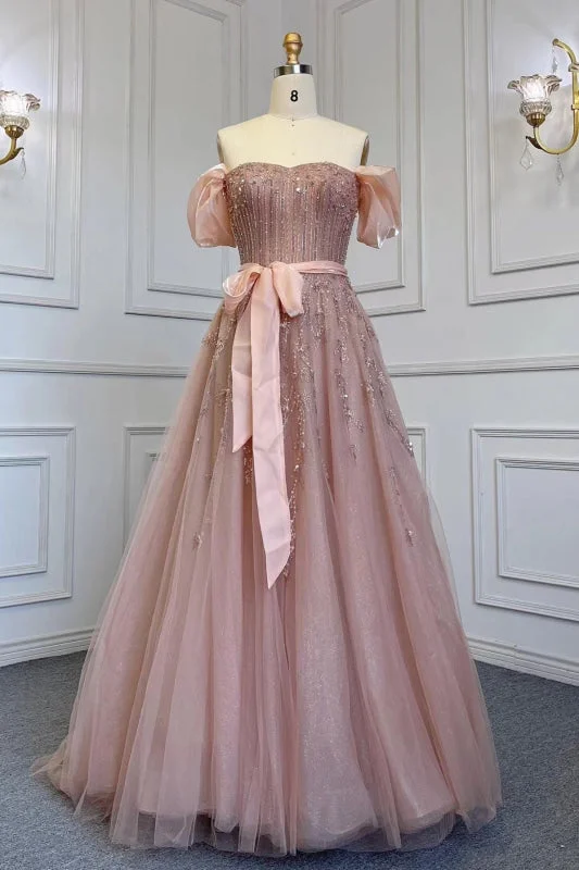 spaghetti strap evening gown-Pink Off-the-Shoulder Bubble Sleeve Prom Dress with Sequins and Tulle Belt