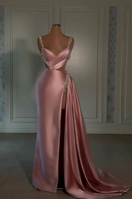 evening dress with cape-Pink Prom Dress: Sweetheart Spaghetti Strap with High Slit Trail - Glamorous