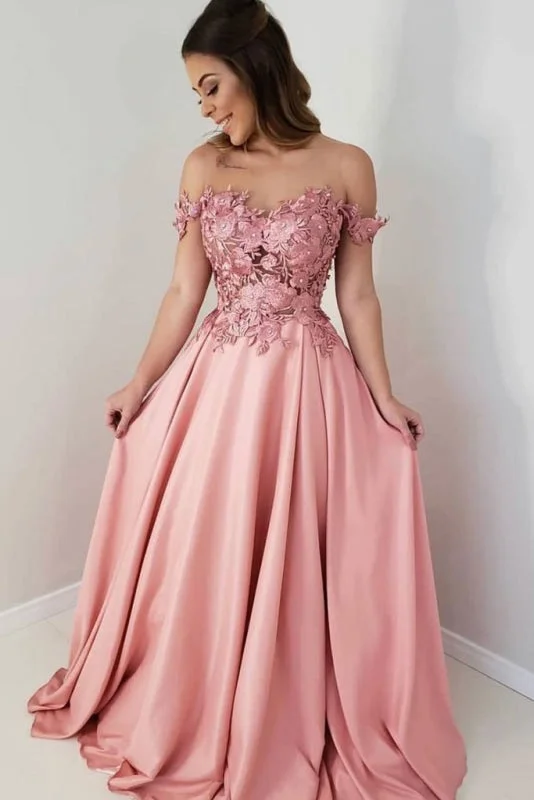 strapless evening dress-Pink Sheer Neck Long Prom Lace Appliques Charming Party Dress with Beads