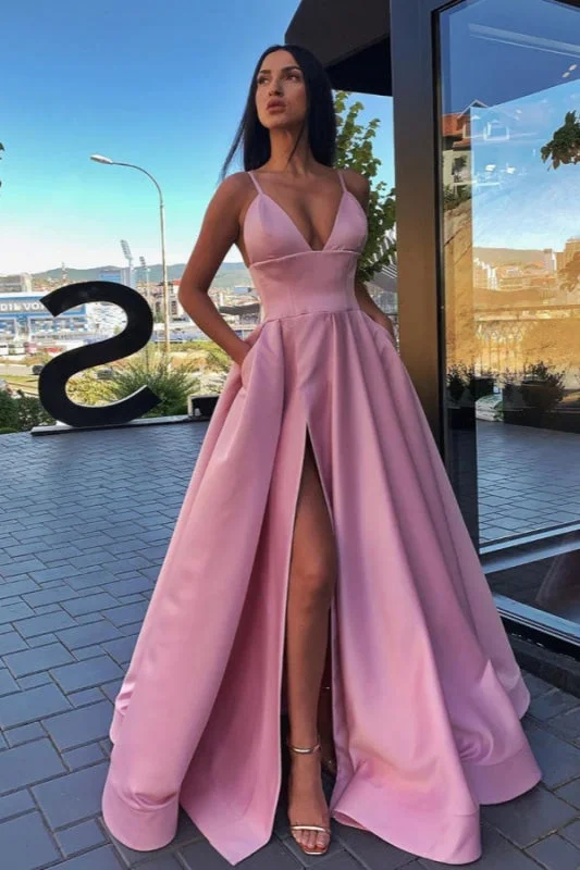 evening dress with crystals-Pink Sweetheart Spaghetti Strap Prom Dress with Split Design