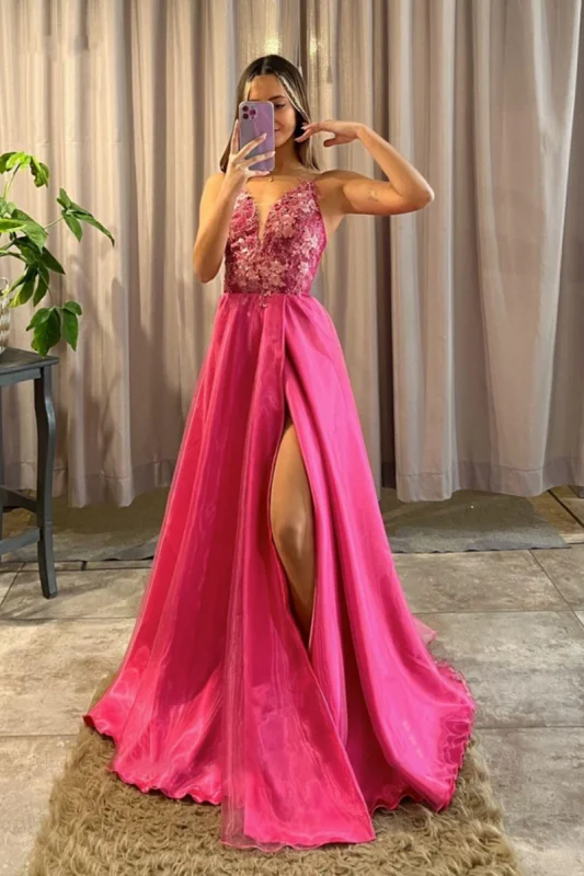 evening dress with shawl-Pink V-Neck A-Line Long Prom Dress with Slit and Lace Appliqu¨¦s