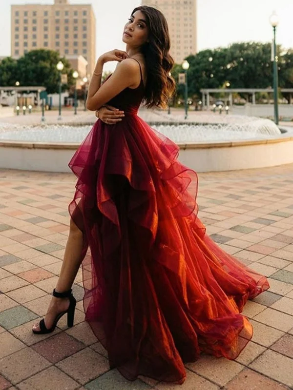 vintage-inspired evening gown-Pretty High Low Burgundy Long Prom, Wine Red High Low Formal, Fluffy Burgundy Evening