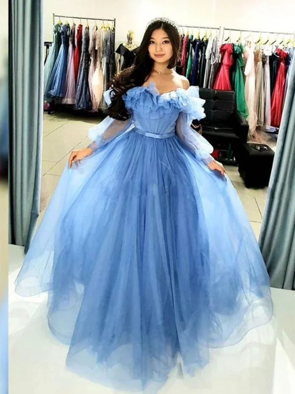 draped evening gown-Princess Off Shoulder Long Sleeves Blue Prom, Off the Shoulder Blue Formal Graduation Evening