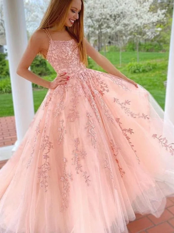 glamorous evening gown-Princess Pink Lace Long Prom with Straps, Pink Lace Formal Graduation Evening