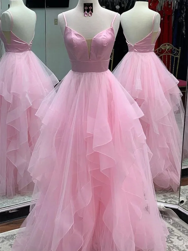 off-the-shoulder evening gown-Princess V Neck Backless Pink Prom Dresses, Backless Pink Formal Dresses, Fluffy Pink Evening Dresses, Pink Ball