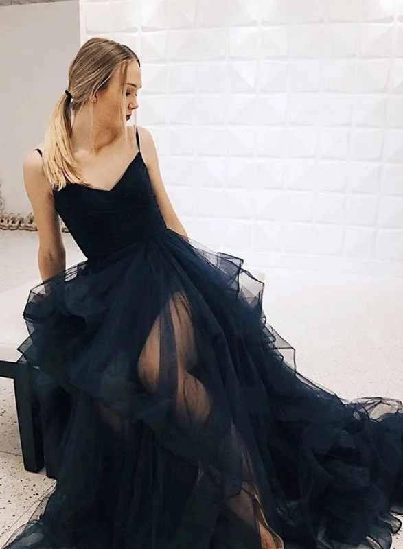 floral print evening gown-Princess V Neck Dark Navy Blue Tulle Long Prom, V Neck Dark Navy Blue Formal, Navy Blue Evening