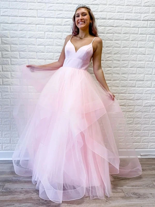 black lace evening dress-Princess V Neck Long Pink/Light Blue Prom Dresses, Puffy Pink/Light Blue Formal Evening Dresses, Light Blue Party Dresses, Pink Ball