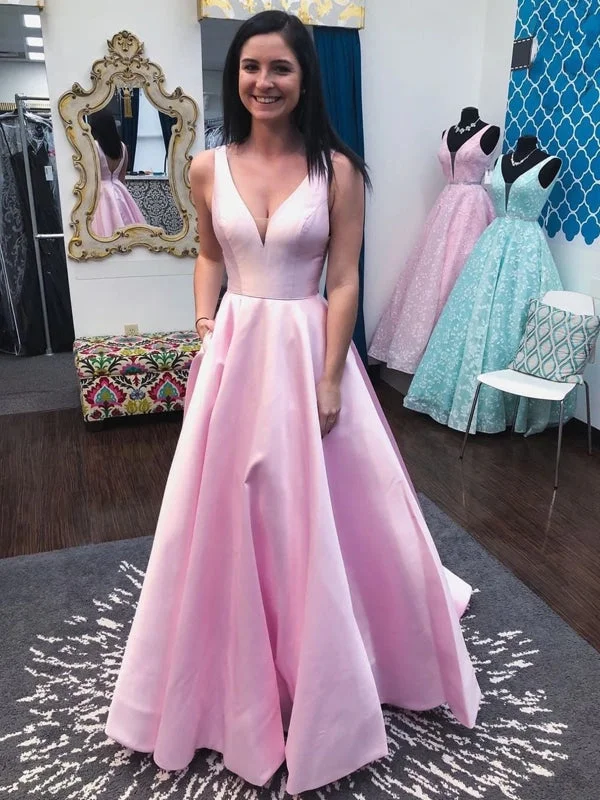 halter neck evening dress-Princess V Neck Open Back Pink Long Prom Dresses, V Neck Pink Formal Dresses, Pink Evening Dresses