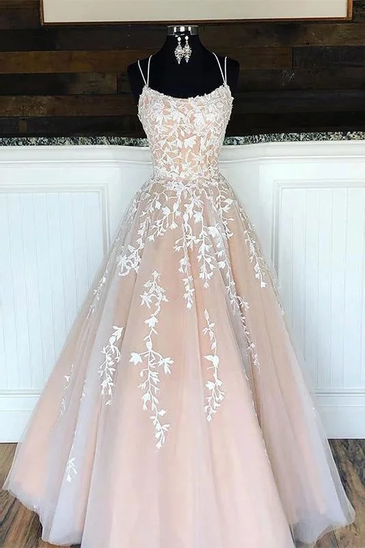 elegant lace overlay evening gown-Puffy Spaghetti Straps Floor Length Prom with Appliques Long Evening Dress