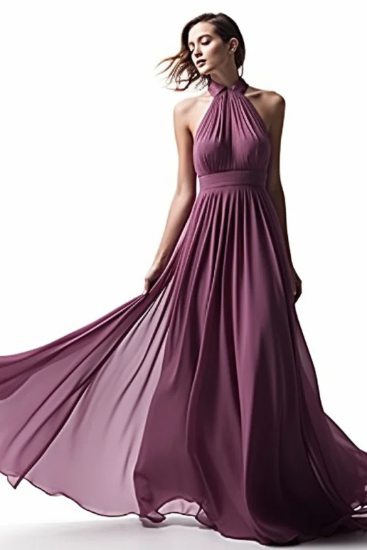 evening dress with side slit-Purple Halter Sleeveless Long Chiffon Prom Dress with Pleats