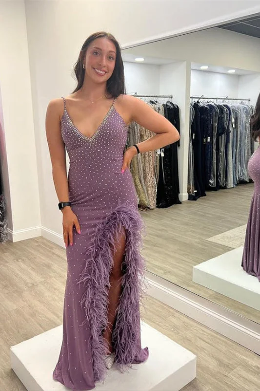 evening gown for special occasions-Purple Spaghetti-Strap Long Beaded Prom Dress with Feathers