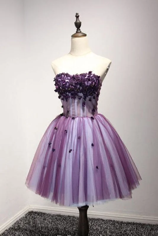 elegant long sleeve evening dress-Purple Strapless Sleeveless Appliques Flower Short Formal Dresses with Beads