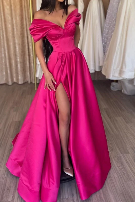 evening gown with floral lace-Radiant Fuchsia Portrait Neckline A-Line Prom Gown with Daring Split