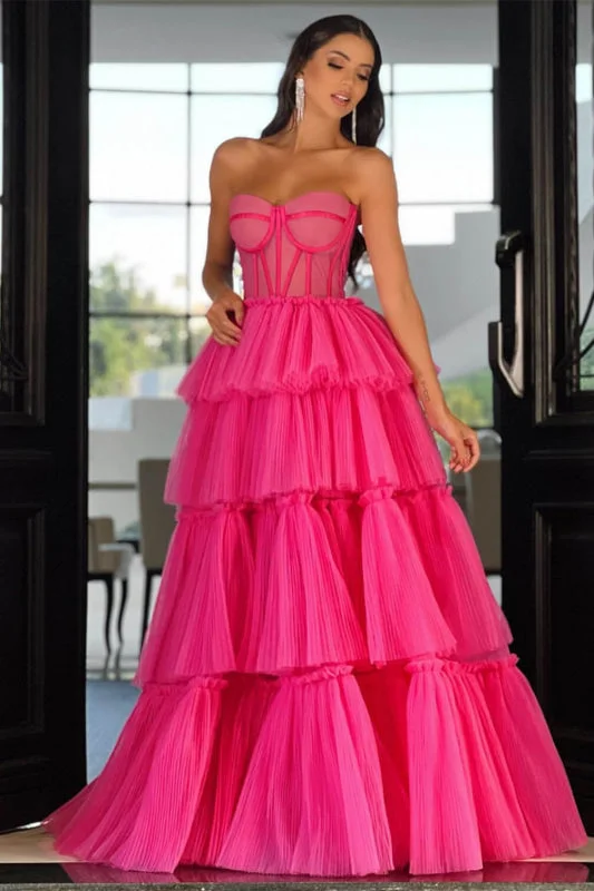 evening gown with pleated skirt-Radiant Hot Pink Sweetheart Prom Gown with Flowing Layers