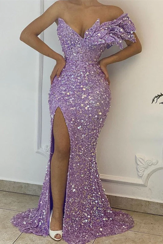 fit and flare evening dress-Radiant Lilac Mermaid Prom Dress with V-Neckline and Sparkling Sequin Detailing