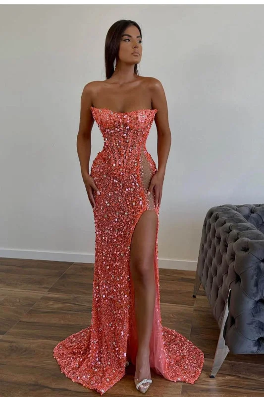 formal evening dress-Radiant Orange Sequin Mermaid Prom Gown with Sweetheart Neckline and Thigh-High Split