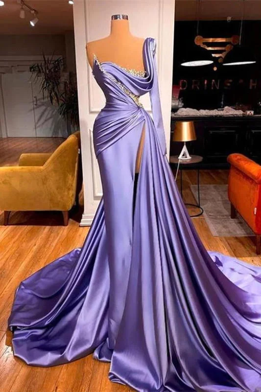 long sleeve evening gown-Radiant Rose Gold Mermaid Prom Dress with Beaded One Shoulder and Slit Sleeves