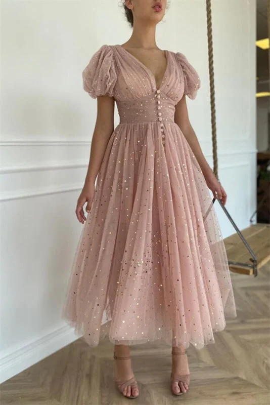 mermaid evening dress-Radiant Rose Gold Sequin Embellished V-Neck Prom Gown