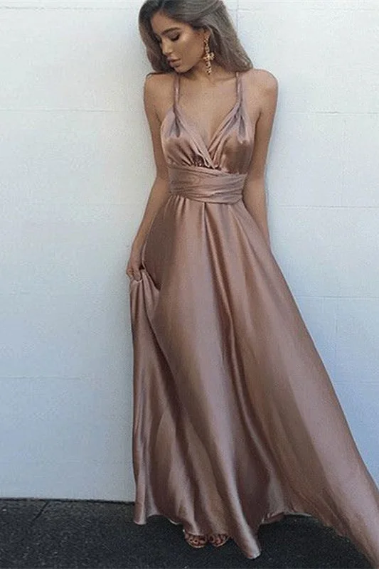 modest evening dress-Radiant Rose Gold V-Neck Prom Gown with Spaghetti Straps