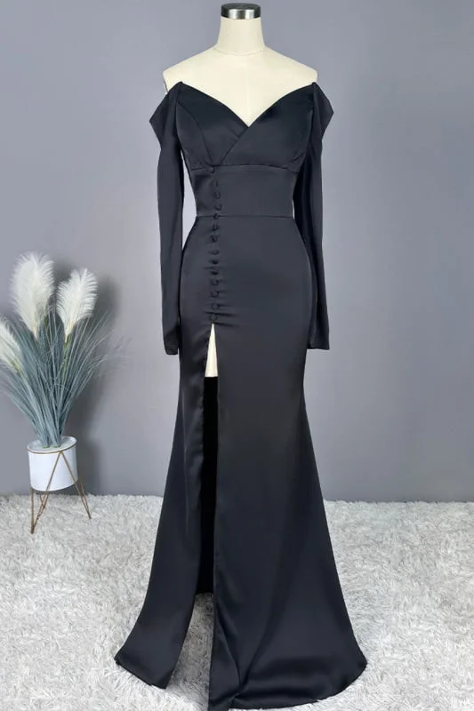 satin evening dress-Ravishing Black V-Neck Off-the-Shoulder Prom Gown with High Slit