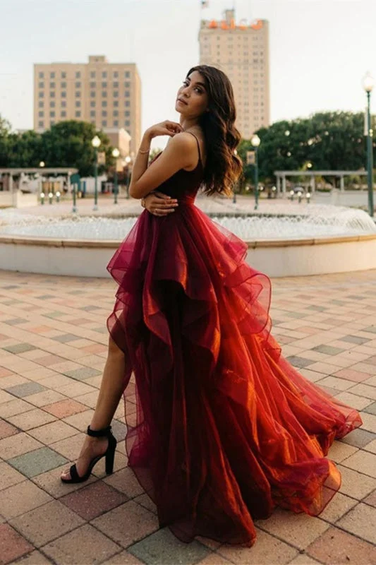 sheer back evening dress-Ravishing Burgundy Prom Gown with Spaghetti Straps and Delicate Ruffles