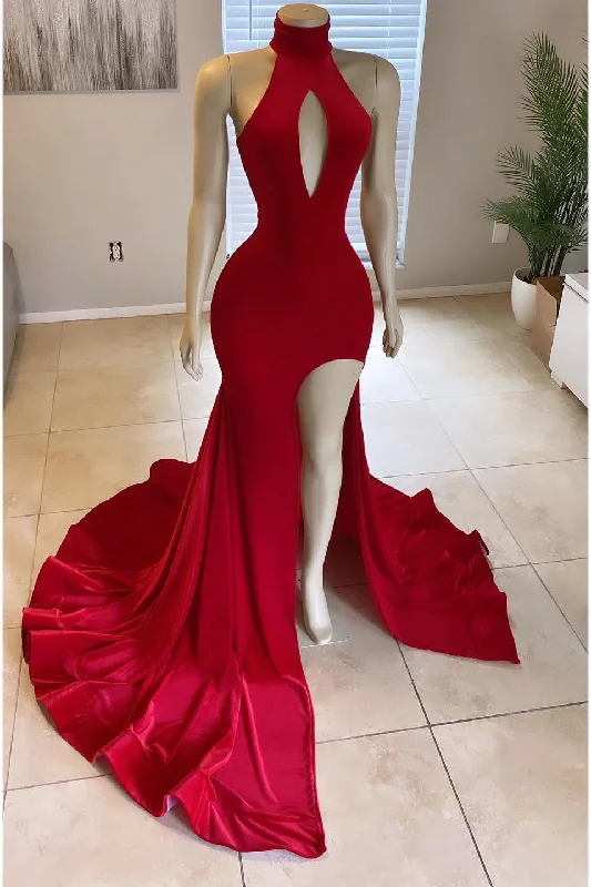 shimmering evening gown-Ravishing Crimson Front Split Mermaid High-Neck Prom Gown for Purchase Online