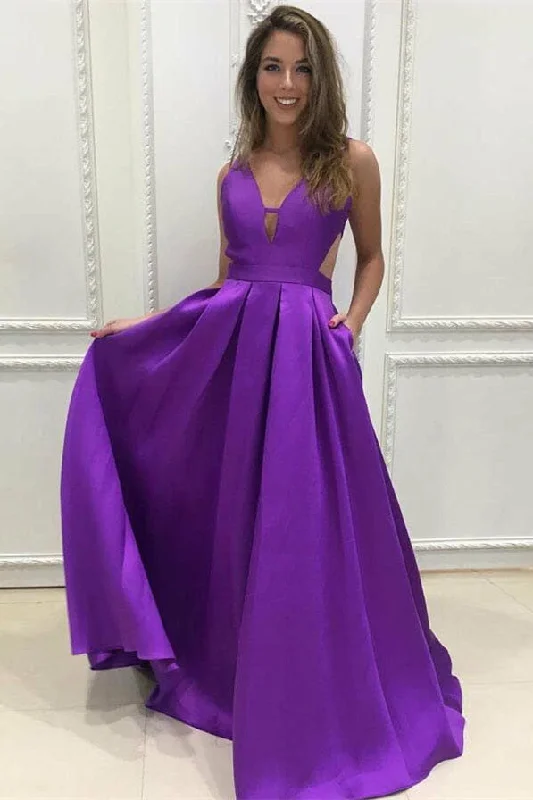 tulle evening gown-Ravishing Orchid V-Neck Sleeveless A-Line Prom Gown with Convenient Pockets