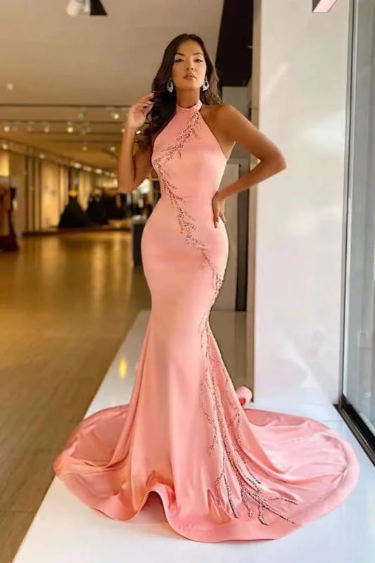 velvet evening gown-Ravishing Pink Mermaid Prom Gown with Exquisite High Neck Applique