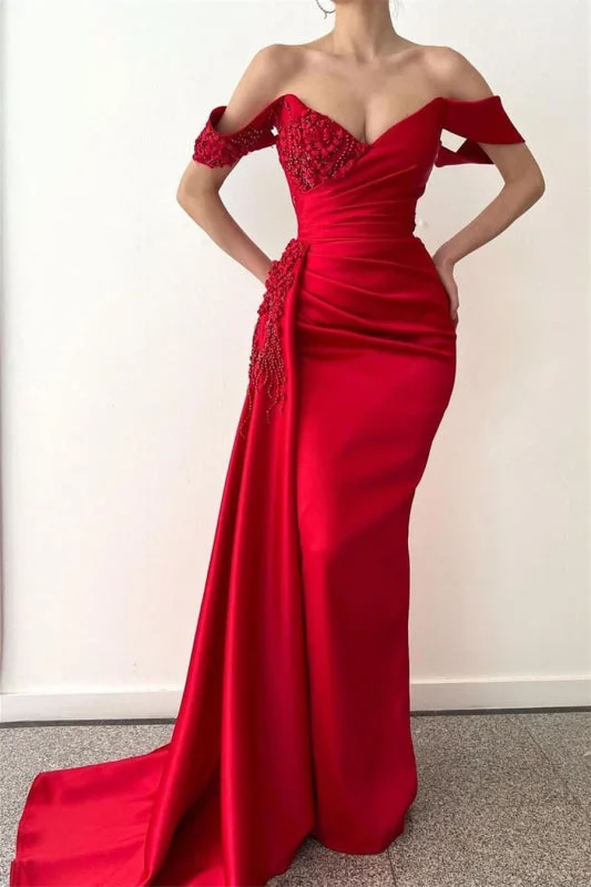 vintage lace evening dress-Ravishing Red Mermaid Prom Gown with Beaded Details and Flirty Off-Shoulder Style