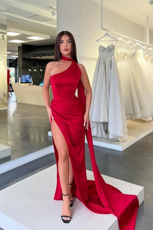 sweetheart neckline evening dress-Red High Collar Long Mermaid Prom Dress with Slit and Ruffles