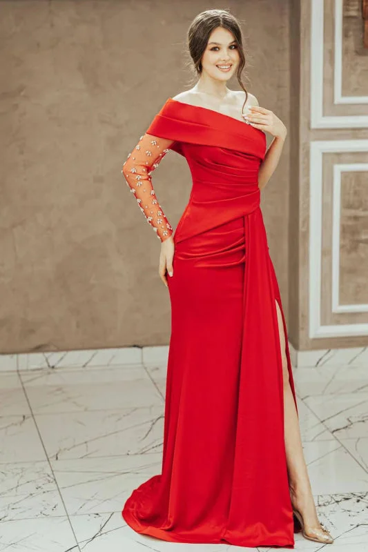 lace evening dress-Red Long Sleeve One-Shoulder Mermaid Prom Dress with Split and Beading