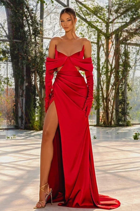 empire waist evening gown-Red Off-the-shoulder Half Sleeves Prom Dress with Slit Pleated Gloves