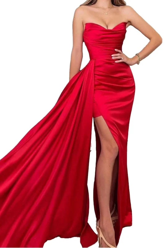 beaded bodice evening gown-Red Sleeveless Long Prom Dress with Trailing Slit