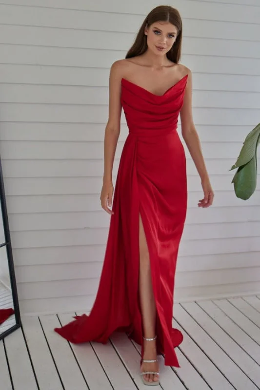 formal red evening dress-Red Strapless Prom Dress with Pleated Split Mermaid Design