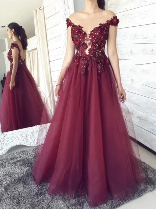 long sleeve evening gown-Round Neck Backless Burgundy Floral Lace Long Prom, Floral Burgundy Lace Formal Graduation Evening