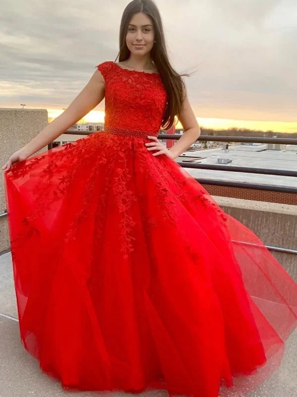 evening dress for black-tie events-Round Neck Cap Sleeves Lace Red Long Prom Dresses, Cap Sleeves Red Lace Formal Dresses, Red Lace Evening Dresses, Red Ball