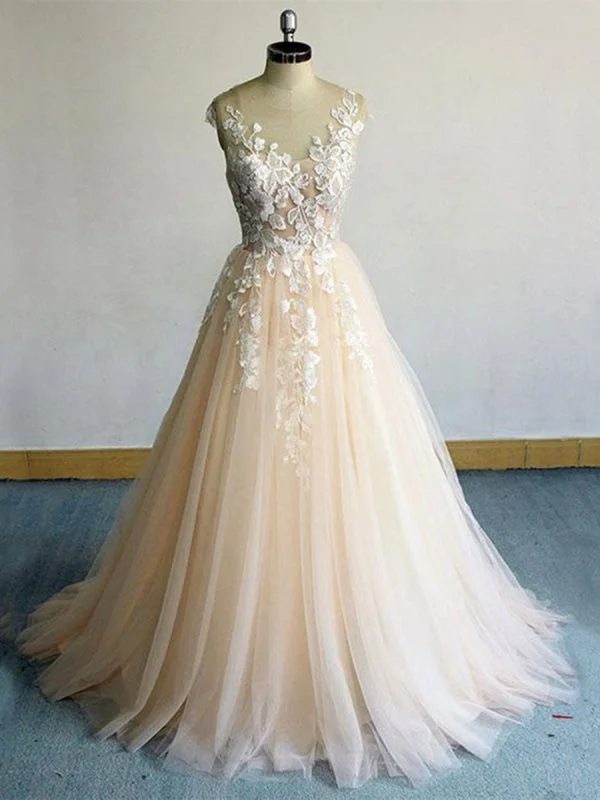 elegant evening dress with train-Round Neck Champagne Lace Long Prom, Champagne Lace Formal, Champagne Evening