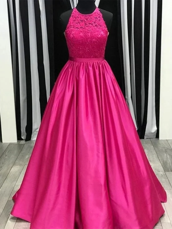 elegant evening dress-Round Neck Fuscia Lace Long Prom, Fuscia Lace Formal, Fuscia Evening