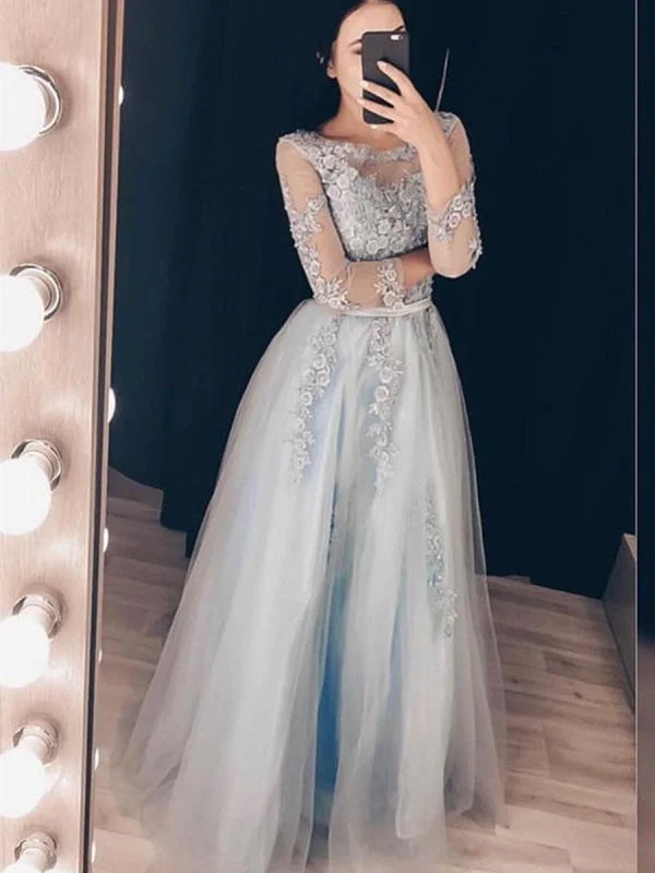 fishtail evening dress-Round Neck Long Sleeves Grey Lace Long Prom, Grey Lace Formal Graduation Evening