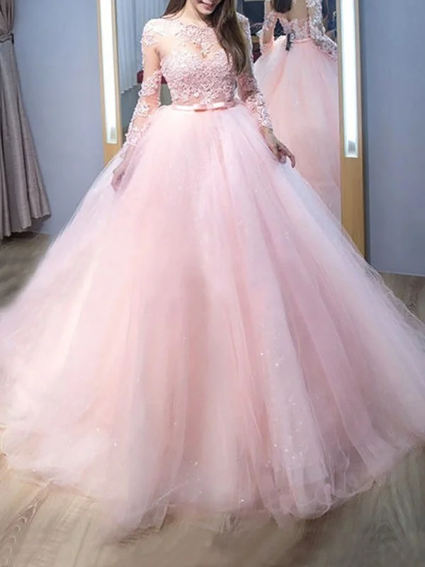 evening gown with crystal embellishments-Round Neck Long Sleeves Pink Lace Long Prom Dresses, Long Sleeves Pink Formal Evening Dresses, Pink Lace Ball Gown