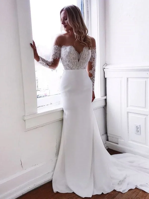 deep V-neck evening gown-Round Neck Mermaid Lace Top White Long Prom Wedding with Train, Mermaid White Lace Formal, Mermaid White Evening