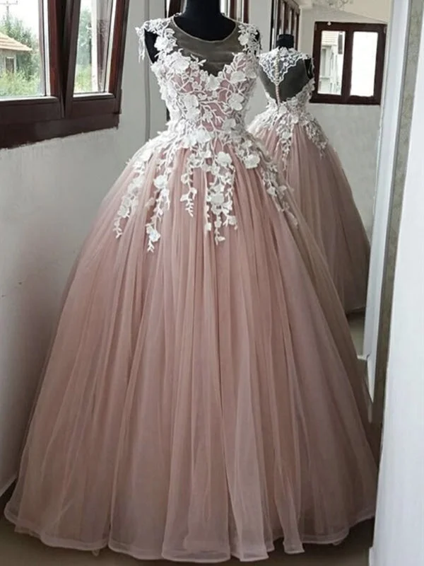 beaded evening dress-Round Neck Pink Lace Long Prom, Pink Lace Formal, Pink Evening