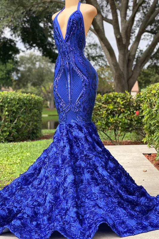 scalloped hem evening gown-Royal Blue Halter V-Neck Open-Back Sleeveless Mermaid Prom Dress